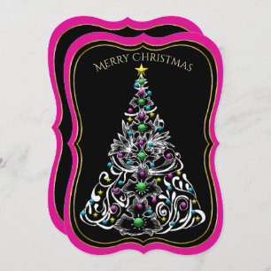 Christmas Tree Decorated Double-Sided, Black/Pink Invitation