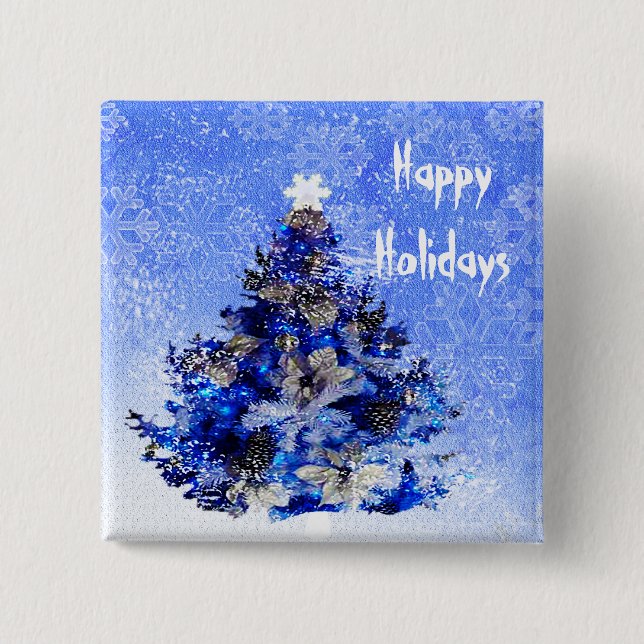 Christmas tree decorated in blue 15 cm square badge (Front)