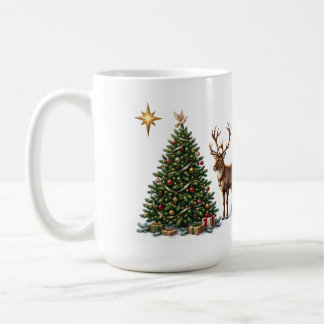 Christmas tree decorated with a reindeer and gifts coffee mug