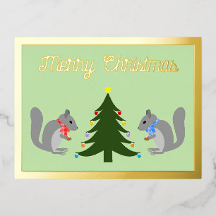 Christmas Tree Decorating Squirrels Custom Foil Holiday Postcard