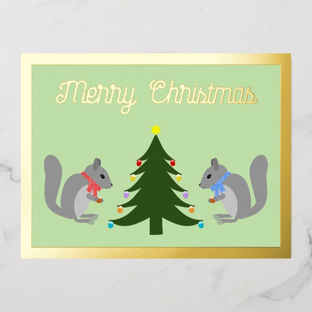 Christmas Tree Decorating Squirrels Custom Foil Holiday Postcard (Front)