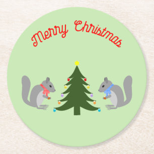 Christmas Tree Decorating Squirrels Custom Round Paper Coaster