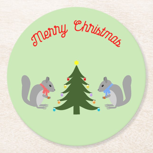 Christmas Tree Decorating Squirrels Custom Round Paper Coaster (Front)