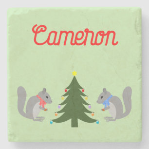 Christmas Tree Decorating Squirrels Custom Stone Coaster