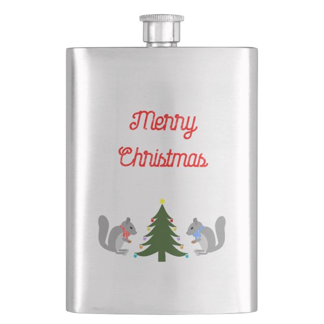 Christmas Tree Decorating Squirrels Hip Flask (Front)