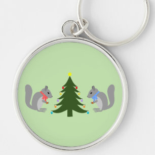 Christmas Tree Decorating Squirrels Key Ring