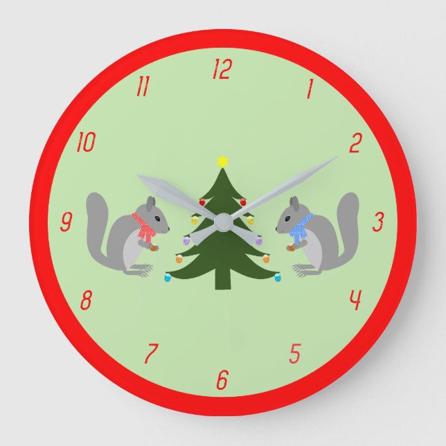 Christmas Tree Decorating Squirrels Large Clock (Front)