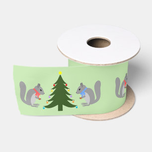 Christmas Tree Decorating Squirrels Patterned Satin Ribbon