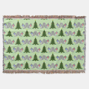 Christmas Tree Decorating Squirrels Patterned Throw Blanket