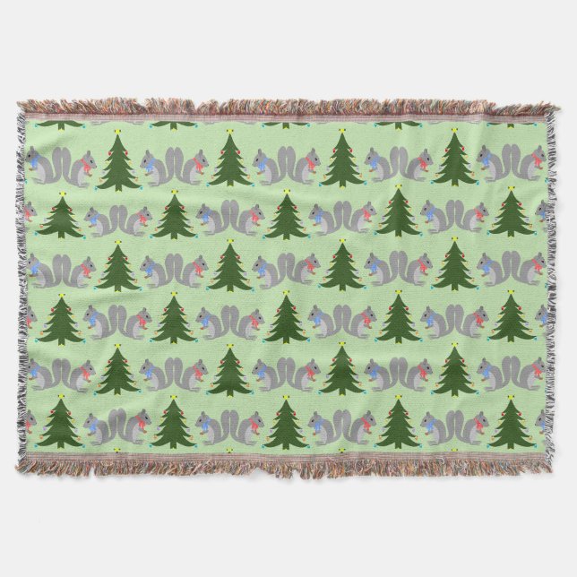 Christmas Tree Decorating Squirrels Patterned Throw Blanket (Front)
