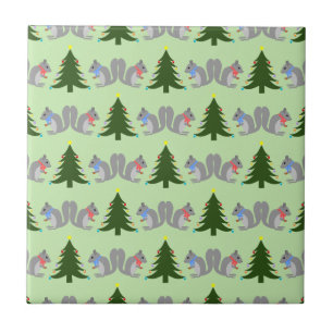 Christmas Tree Decorating Squirrels Patterned Tile