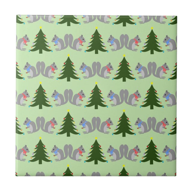 Christmas Tree Decorating Squirrels Patterned Tile (Front)