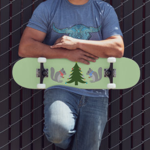 Christmas Tree Decorating Squirrels Skateboard