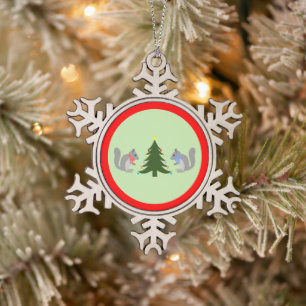 Christmas Tree Decorating Squirrels Snowflake Pewter Christmas Ornament