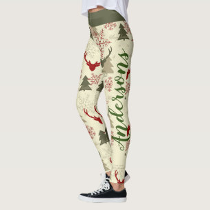 Christmas Tree Deer Green Red Pattern Name Festive Leggings