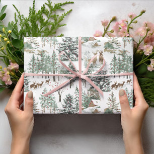 Christmas Tree Deer Snow Watercolor Green Forest Wrapping Paper