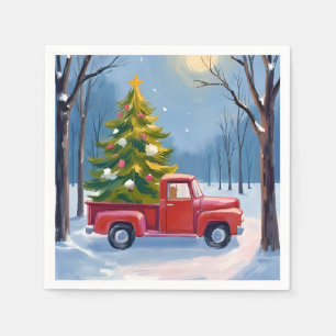 Christmas Tree Delivery Red Truck Watercolor Napkin