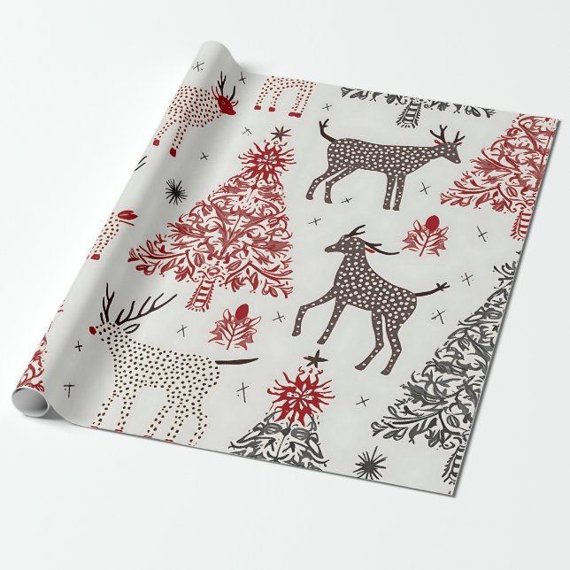 Christmas Tree Design and reindeer, Wrapping Paper (Unrolled)