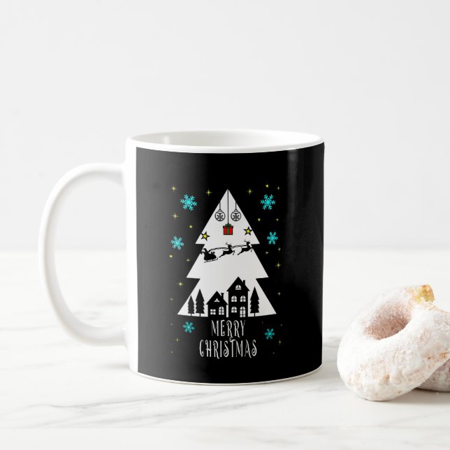 Christmas tree design with sleigh black coffee mug (With Donut)