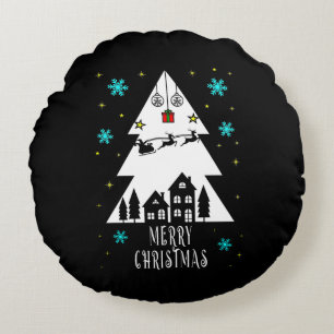 Christmas tree design with sleigh black round cushion