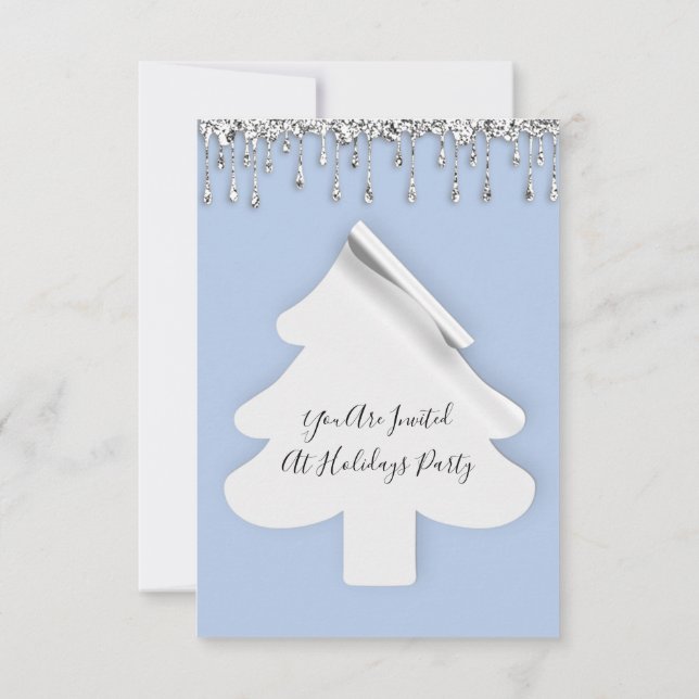 Christmas Tree Dinner Holidays Blue Silver Drips  Invitation (Back)