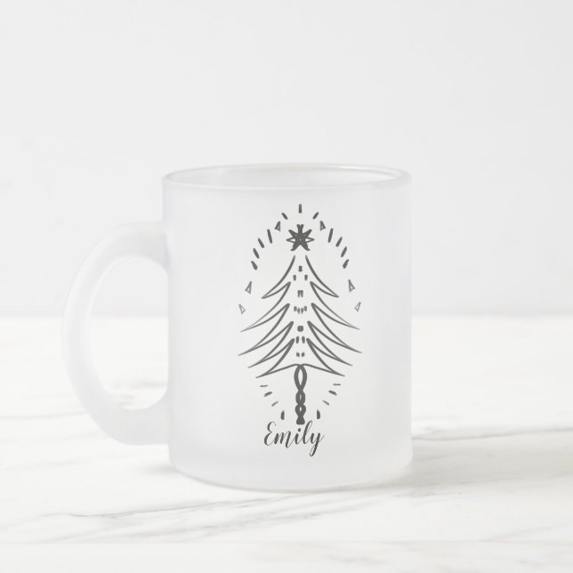 Christmas Tree Doodles Whimsical Ink Art  Frosted Glass Coffee Mug (Left)