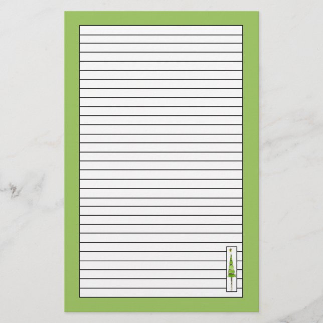 Christmas Tree Drawing Lime Green Lined Stationery (Front)
