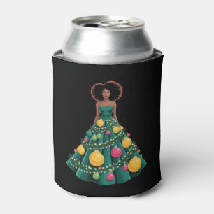 Christmas Tree Dress Xmas Lights Afro Woman Can Cooler