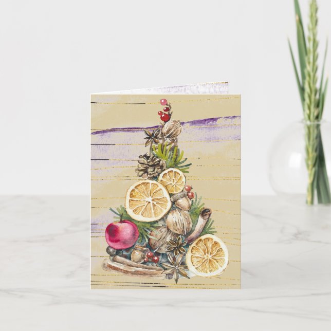 Christmas Tree Dried Fruits, Nuts, Gold Purple  Holiday Card (Front)