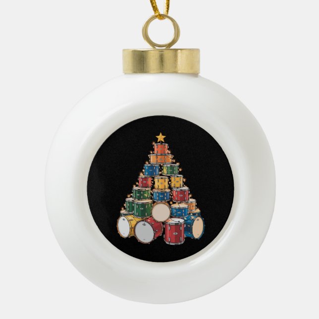 Christmas Tree Drummer Music Holiday Drum Band Ceramic Ball Christmas Ornament (Front)