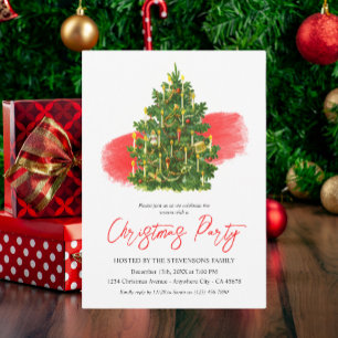 Christmas Tree Elegant Red White Holiday Party  Invitation