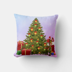 Christmas Tree Elf & Gifts Throw Pillow