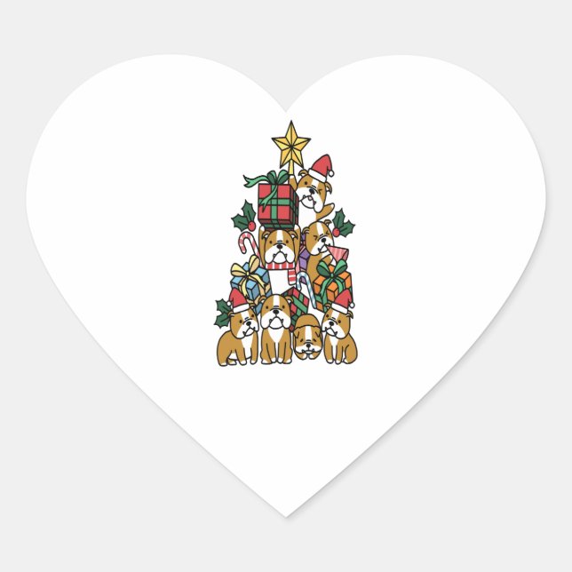 Christmas Tree English Bulldog Dog Long Sleeve Heart Sticker (Front)
