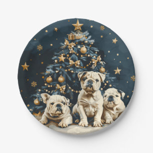 Christmas Tree English Bulldog Puppies Paper Plate