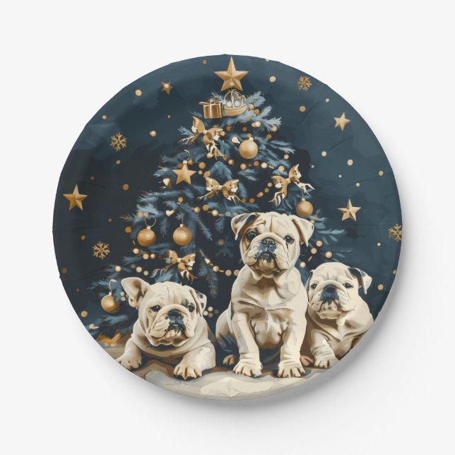 Christmas Tree English Bulldog Puppies Paper Plate (Front)