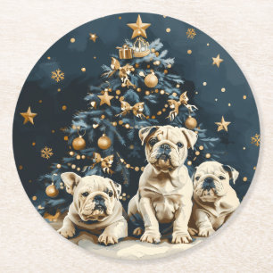 Christmas Tree English Bulldog Puppies Round Paper Coaster