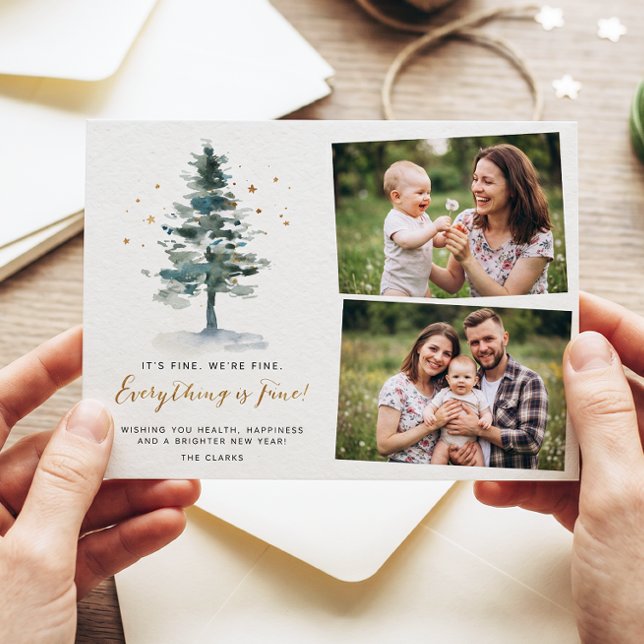 Christmas Tree Everything is Fine Script Photo Holiday Card (Creator Uploaded)