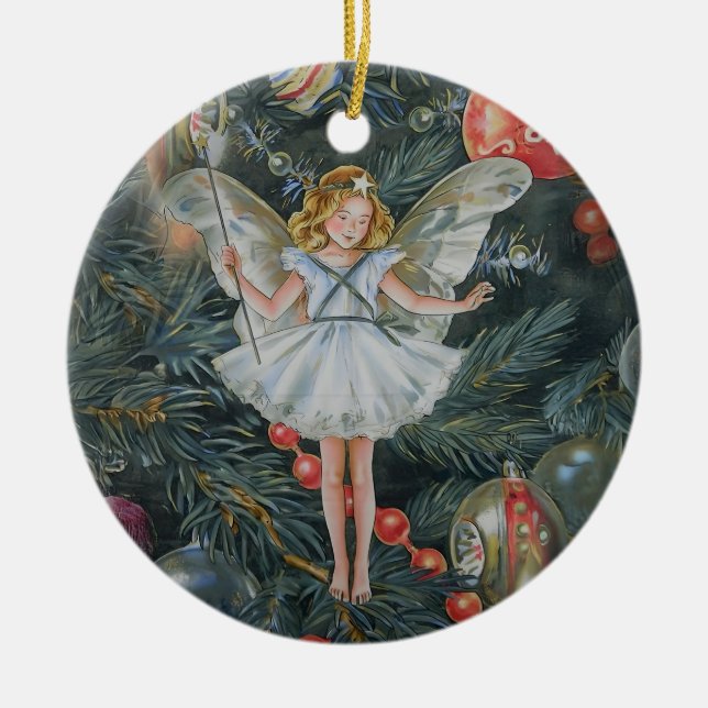 Christmas Tree Fairy Ornament, Personalised Ceramic Tree Decoration (Front)