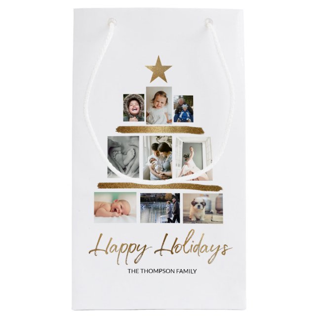 Christmas tree family photo collage Happy Holidays Small Gift Bag (Back)