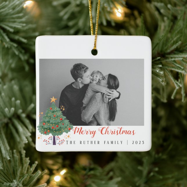 Christmas tree family photo holiday postcard ceramic ornament (Tree)