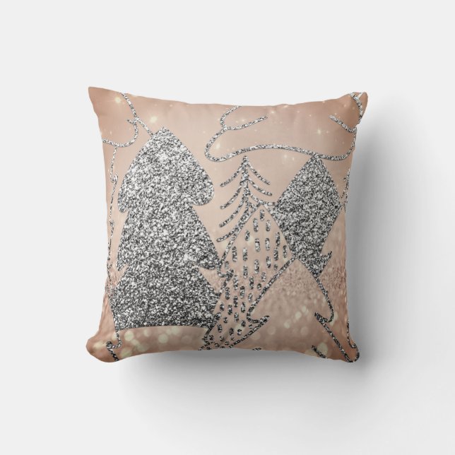 Christmas Tree Fancy Glitter Rose Gold Grey Winter Cushion (Front)