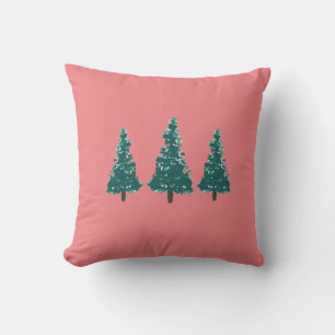 Christmas Tree Farm Illustration Holiday Pink Cushion