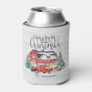 Christmas Tree Farm   Vintage Red Truck Can Cooler