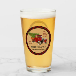 Christmas Tree Farm Vintage Truck Red Plaid Rustic Glass