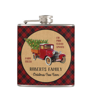Christmas Tree Farm Vintage Truck Red Plaid Rustic Hip Flask