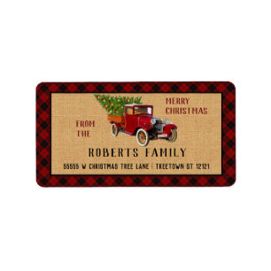 Christmas Tree Farm Vintage Truck Red Plaid Rustic Label