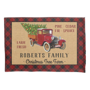 Christmas Tree Farm Vintage Truck Red Plaid Rustic Pillowcase