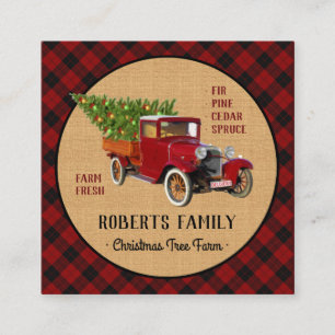 Christmas Tree Farm Vintage Truck Red Plaid Rustic Square Business Card