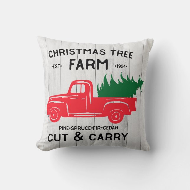 Christmas Tree Farm with Vintage Red Truck Pillow (Front)