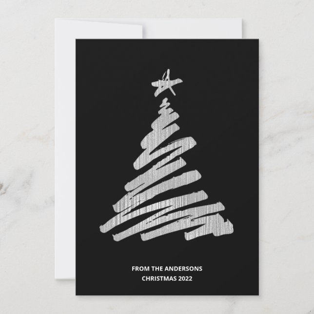 Christmas Tree Faux Silver Foil and Black Holiday Card (Front)